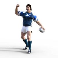 Illustrazione 3d di un giocatore di rugby scozzese mentre pompano l'aria per festeggiare dopo aver segnato una prova e aver vinto la partita di rugby del campionato. un personaggio stilizzato di rugby con caratteristiche da supereroe. foto