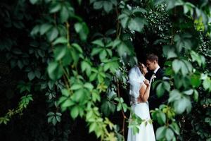 bella giovane coppia di sposi che si baciano, sposa bionda con fiore foto