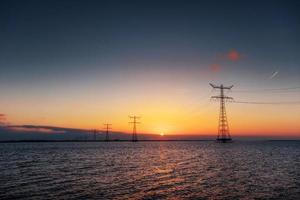 linea elettrica sopra l'acqua durante un fantastico tramonto. foto