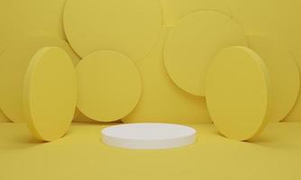 podio cilindrico bianco su sfondo giallo scena minimal con piattaforma geometrica gialla. podio per esposizione prodotti. rendering 3d, illustrazione 3d. foto