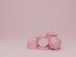 frecce e pile di monete su sfondo rosa. crescita del successo finanziario e concetto di investimento di business. illustrazione di rendering 3d foto
