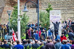 tbilisi, georgia, 2020 - persona in protesta contro il segmento del muro di berlino foto