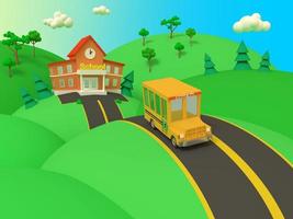 edificio scolastico e autobus giallo con bellissimo paesaggio estivo verde. di nuovo a scuola. illustrazione in stile volumetrico. rendering 3d. foto