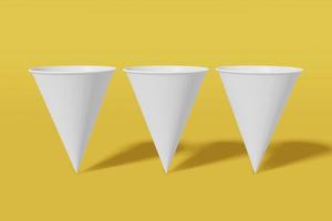 set di tre tazze mockup in carta bianca a forma di cono su sfondo giallo. rendering 3D foto