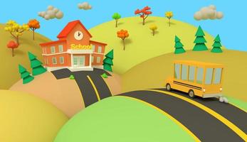 edificio scolastico e autobus giallo con bellissimo paesaggio autunnale. di nuovo a scuola. illustrazione in stile volumetrico. rendering 3d. foto