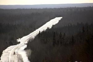 livellatrice al lavoro sulla strada forestale in inverno foto