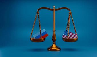 Russia vs Stati Uniti su una bilancia. Russia vs Ucraina. guerra tra Russia e Ucraina foto