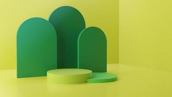 Rendering 3D del podio del prodotto. odium minimale e semplice con colore di sfondo giallo e verde foto