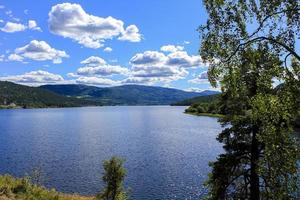 bella montagna e mare in norvegia. fiordi fiume foresta natura. foto