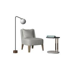 set interno sedia, luce e tavolo isolato rendering 3d su sfondo bianco foto
