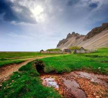 villaggio vichingo tradizionale. case di legno vicino agli abeti di montagna foto