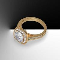 anello di fidanzamento con diamante centrale taglio cuscino con gambo cattedrale pavé di pietre incastonate rendering 3d foto