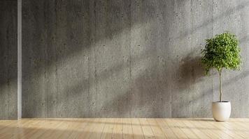 stanza vuota buia con pianta in vaso sopra il muro di cemento e lo sfondo del pavimento in legno. foto