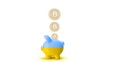 legalizzazione delle criptovalute in ucraina, bitcoin e bandiera dell'ucraina. bitcoin in ucraina salvadanaio e monete bitcoin in caduta foto