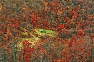 cottage solitario nelle montagne rosse dei Carpazi autunnali foto