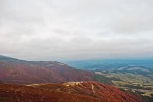 vista panoramica delle foreste rosse e arancioni di montagna autunnali che ricoprono dalla nebbia sulle montagne dei Carpazi in ucraina, europa. foto