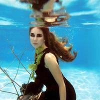 ritratto di moda subacquea di bella giovane donna bionda in abito nero con foglie di vite foto