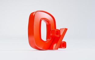 isolato della percentuale zero rossa o dello 0 percento per l'offerta speciale di grandi magazzini e il concetto di sconto mediante rendering 3d. foto