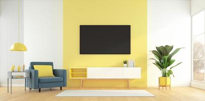soggiorno con mobile tv sulla parete gialla e poltrona, tavolino laterale e pianta verde. rendering 3D foto