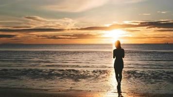 la retrovisione della donna asiatica di viaggio dei giovani adulti si rilassa nella natura sul mare della spiaggia con il cielo del mattino foto