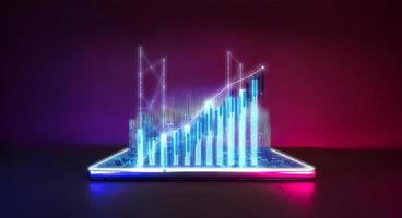 tecnologia futura e grafico azionario finanziario aziendale con tecnologia dell'ologramma pop della città. foto