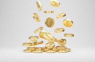 monete d'oro con il simbolo del dollaro che cade o vola isolato su sfondo bianco. concetto di jackpot o casino poke. rendering 3D. foto