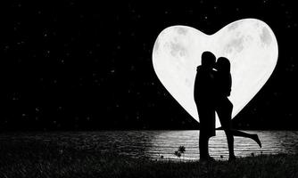 amanti della silhouette che si baciano romanticamente. cuore shap luna piena e una stella piena di cielo come sfondo. il riflesso della luna si riflette nel fiume. romanticismo e proposte di matrimonio. rendering 3D foto