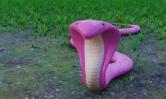 il cobra rosa sta allargando il cappuccio. sollevare per prepararsi all'attacco. un serpente che striscia per terra c'è erba invasa. i rettili velenosi sono pericolosi per il mondo. rendering 3D foto