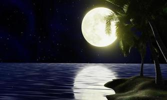 la luna piena giallo oro si riflette nel mare. un'ondata d'acqua dall'oceano all'isola. il cielo ha molte stelle. increspature del mare di notte. ci sono alberi di cocco sull'isola. rendering 3D