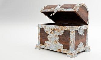 vecchia scatola del tesoro arrugginita o scrigno del tesoro in legno. isolato su sfondo bianco e carta da parati. rendering 3d. foto