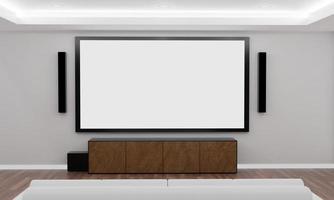 home theater sul muro di gesso bianco in soggiorno. TV a grande schermo a parete e apparecchiature audio per altoparlanti surround mini home theater. divano bianco e tavolo sul pavimento di legno. rendering 3D. foto