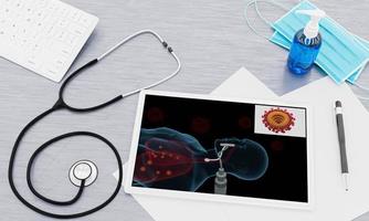 tablet schermo nero nero alcuni sulla scrivania del medico. cuffie a cuore poste su un tavolo con una piccola tastiera. lavare a mano alcol e maschera medica per prevenire il covid-19. rendering 3D foto