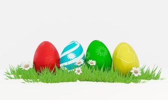 uova di Pasqua, dipinte con modelli di base standard comunemente usati. periodo delle vacanze di Pasqua il divertimento dei bambini nel trovare le uova che i loro genitori hanno nascosto. rendering 3D. foto
