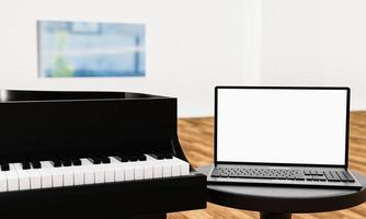 impara il pianoforte online da solo. usa un tablet o un computer per imparare i tutorial di pianoforte online. il pianoforte a coda nero ha un tablet posizionato su un supporto per notebook. rendering 3D. foto