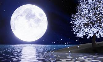 luna piena blu nel cielo notturno ci sono stelle nel cielo. super luna in mezzo al mare con riflessi sulla superficie dell'acqua. alberi di fantasia sfocati stanno cadendo foglie luminose. rendering 3D foto