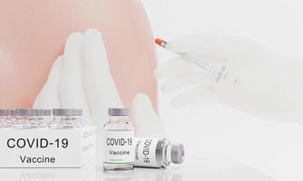 fiala di vaccinazione per la protezione contro covid-19 o coronavirus. sfocatura operatore medico in guanti di gomma bianca tiene siringa e vaccino. prepararsi a iniettare nella spalla o nella parte superiore del braccio. rendering 3D foto