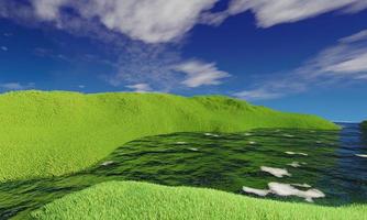 cielo blu e bella nuvola con prato e sole. sfondo semplice del paesaggio per il poster estivo. la migliore vista per le vacanze. foto di campo in erba verde e cielo blu con nuvole bianche.