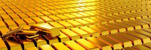 molti lingotti d'oro sono disposti e disposti in fila. veicola linee di business e oro o mercati azionari e di lusso. rendering 3D.