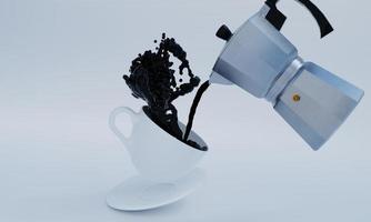 il caffè nero viene versato dalla moka in una tazza bianca. tazza da caffè in ceramica bianca e piattino su sfondo bianco.rendering 3d. foto