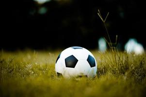palla sul prato in un campo giallo sul campo di calcio pronto per la punizione. e inizia attivamente il calcio foto