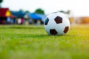 la palla sull'erba nel campo verde sul campo di calcio pronta per il rigore. e inizia a giocare a calcio seriamente. foto