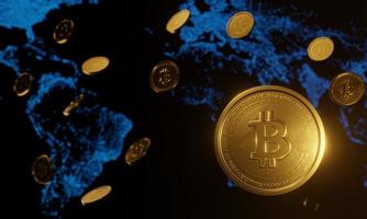 bitcoin cade. moneta d'oro con criptovaluta o simbolo del tasso di cambio. criptovalute per il trading nel mondo degli affari e della tecnologia. la luce dorata viene riflessa dalla moneta su sfondo nero. rendering 3D foto