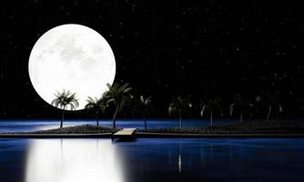 notte di luna piena, molte stelle riempiono il cielo. un ponte di legno si estende fino al mare o al molo, con alberi di cocco lungo il percorso. scena romantica in riva al mare su un ponte di legno della luna piena. rendering 3D. foto