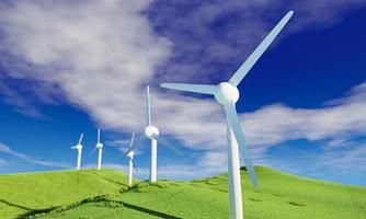 mulino a vento e cielo blu nuvola bianca sullo sfondo. turbina eolica su parco eolico in rotazione per generare energia elettrica su esterno con prato alberato. sfondo semplice del paesaggio per il poster estivo foto