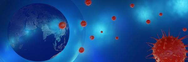 banner per l'illustrazione medica dell'infezione da coronavirus covid-19. cellule del virus covid dell'influenza respiratoria patogeno. nuovo nome ufficiale per la malattia da coronavirus chiamato covid-19. rendering 3D. foto