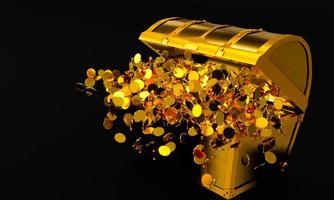 molti distribuiscono monete d'oro volate dallo scrigno del tesoro. uno scrigno d'oro, lussuoso, costoso. un antico scrigno del tesoro aperto con monete d'oro espulse. rendering 3D. foto
