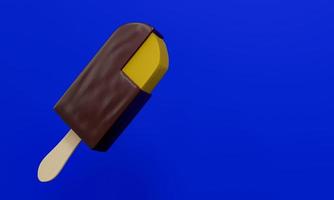 gelato ricoperto di cioccolato, ripieno di crema dorata con manici in legno. isolato su sfondo blu. rendering 3D foto
