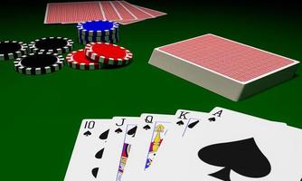 faccia della carta scala reale reale nel gioco d'azzardo del poker in un casinò o in un gioco online di carte e scommetti con fiches invece di contanti. tutto dentro con tutte le scommesse. rendering 3D foto