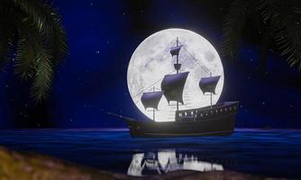 le navi dei pirati trovano uno scrigno del tesoro sul mare o sull'oceano nella notte di luna piena. sagoma o ombra di una barca a vela che riflette la superficie dell'acqua di notte con le stelle nel cielo. rendering 3D foto