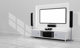 home theater e schermo tv in soggiorno. TV a grande schermo a parete e apparecchiature audio uso per mini home theater con sistema di altoparlanti surround in camera pavimento in marmo bianco. rendering 3D. foto